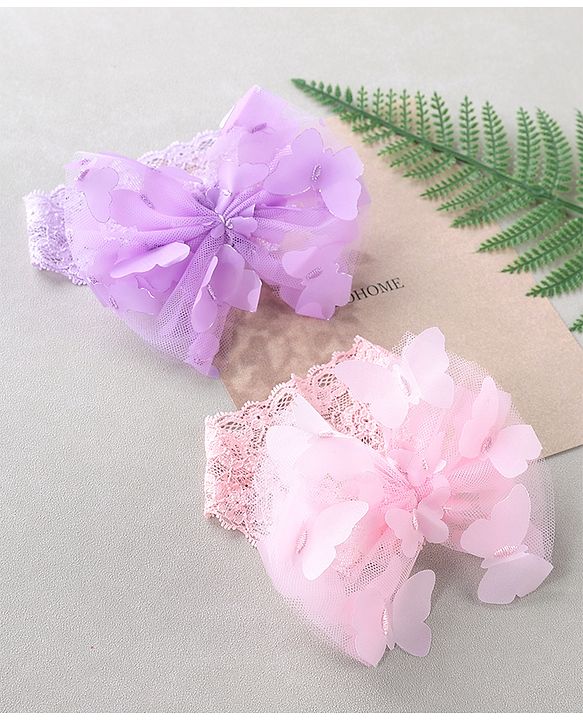 Babyhug Free Size Headbands With Bow Applique Pack of 2 - Light Pink & Purple