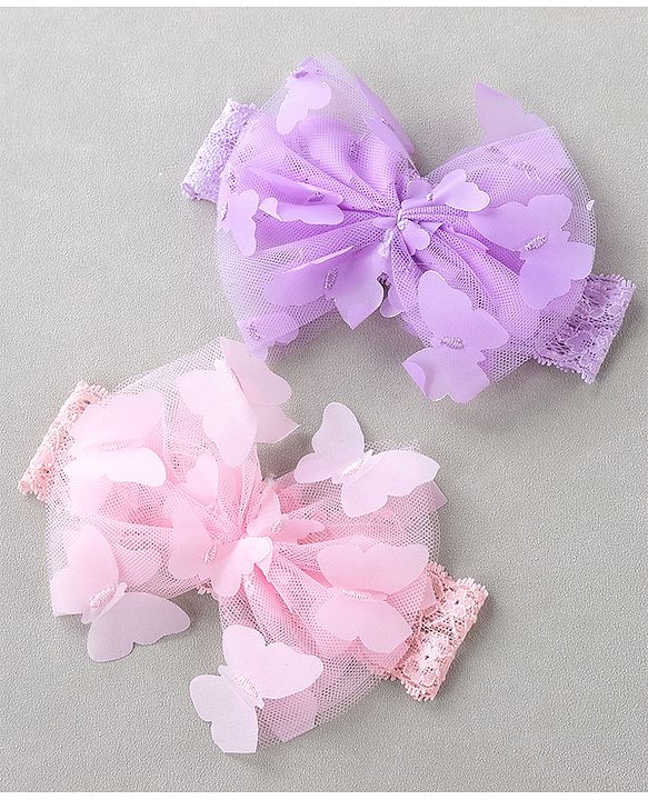 Babyhug Free Size Headbands With Bow Applique Pack of 2 - Light Pink & Purple
