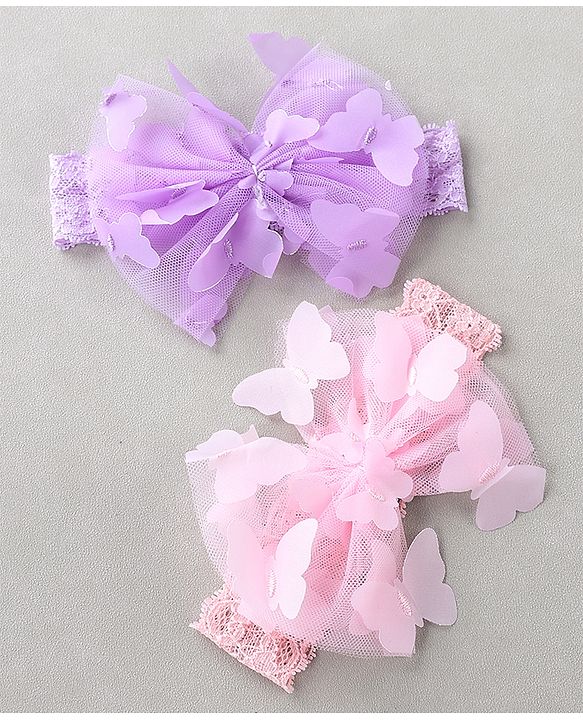 Babyhug Free Size Headbands With Bow Applique Pack of 2 - Light Pink & Purple