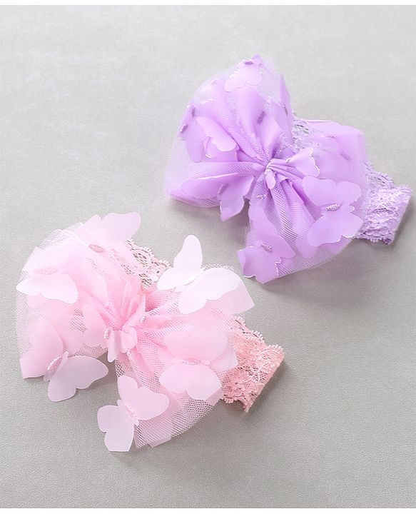 Babyhug Free Size Headbands With Bow Applique Pack of 2 - Light Pink & Purple