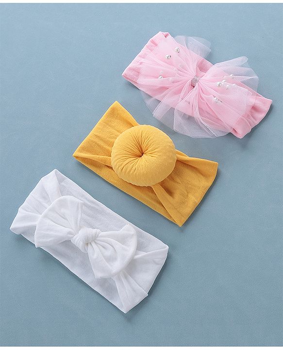 Babyhug Free Size Headbands With Bow Applique Pack of 3 - Pink White & Yellow