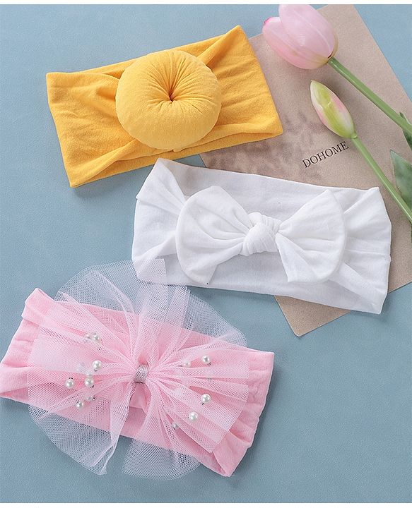 Babyhug Free Size Headbands With Bow Applique Pack of 3 - Pink White & Yellow