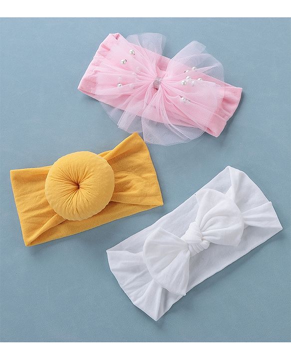 Babyhug Free Size Headbands With Bow Applique Pack of 3 - Pink White & Yellow