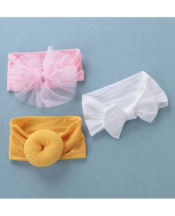 Babyhug Free Size Headbands With Bow Applique Pack of 3 - Pink White & Yellow