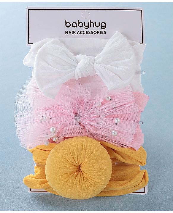 Babyhug Free Size Headbands With Bow Applique Pack of 3 - Pink White & Yellow