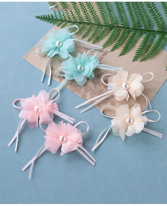Babyhug Hair Pins and Clips With Floral Applique Pack of 6 - Pink Blue & Beige
