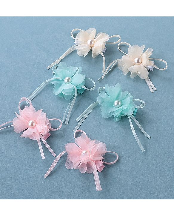 Babyhug Hair Pins and Clips With Floral Applique Pack of 6 - Pink Blue & Beige