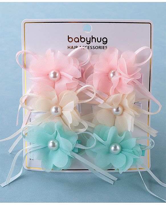 Babyhug Hair Pins and Clips With Floral Applique Pack of 6 - Pink Blue & Beige