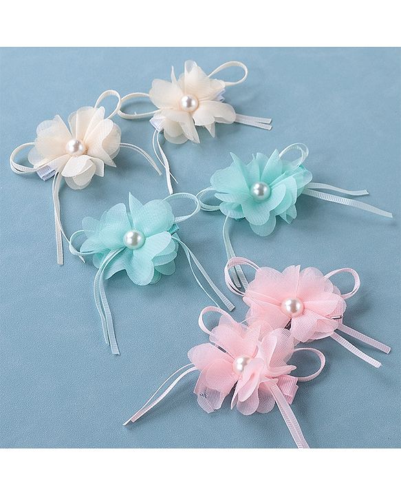 Babyhug Hair Pins and Clips With Floral Applique Pack of 6 - Pink Blue & Beige