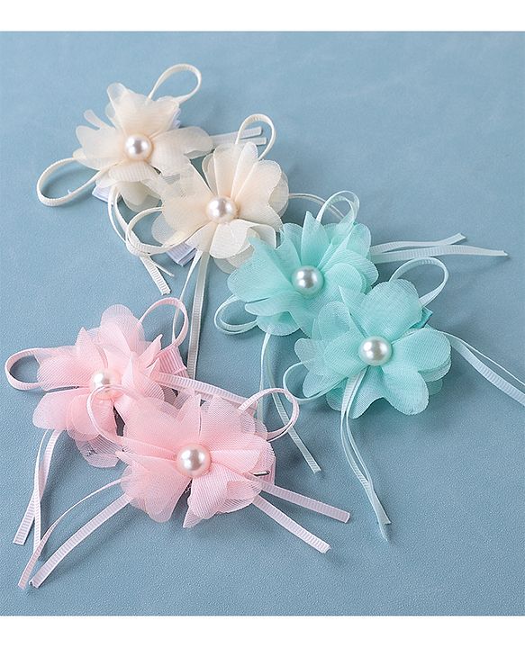 Babyhug Hair Pins and Clips With Floral Applique Pack of 6 - Pink Blue & Beige