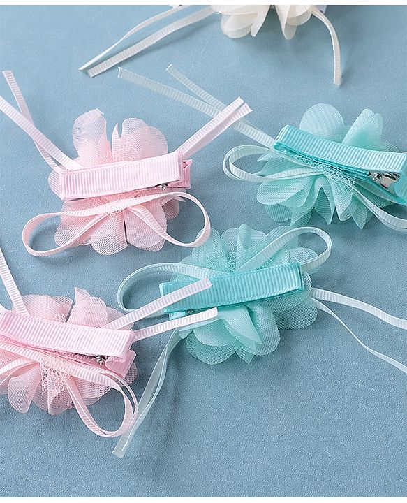 Babyhug Hair Pins and Clips With Floral Applique Pack of 6 - Pink Blue & Beige