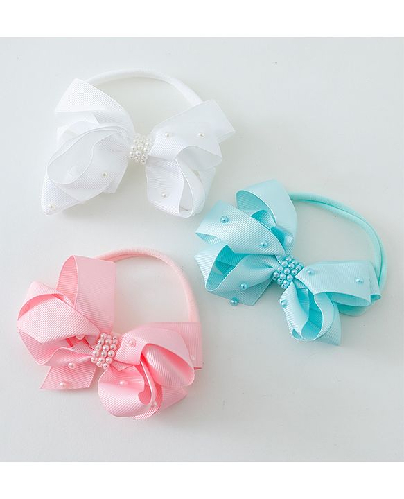 Babyhug Bow Applique Headbands Pack of 3 - Pink White & Sky Blue