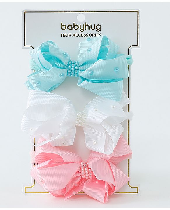 Babyhug Bow Applique Headbands Pack of 3 - Pink White & Sky Blue