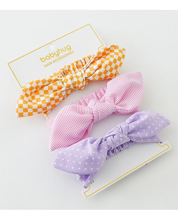 Babyhug Free Size Headbands With Bow Applique Pack of 3 - Pink Purple & Yellow