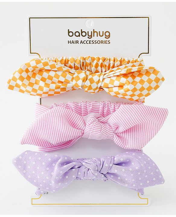 Babyhug Free Size Headbands With Bow Applique Pack of 3 - Pink Purple & Yellow