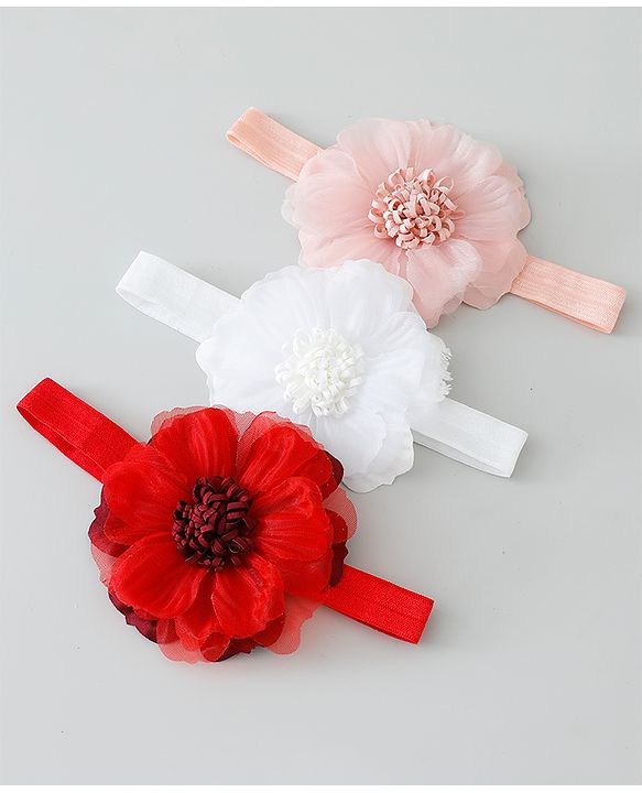Babyhug Free Size Headbands With Floral Applique Pack of 3 - Pink White & Red