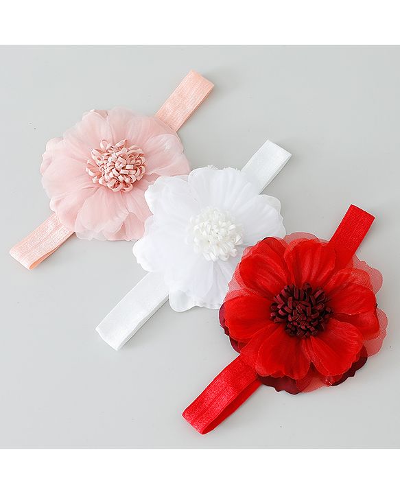 Babyhug Free Size Headbands With Floral Applique Pack of 3 - Pink White & Red