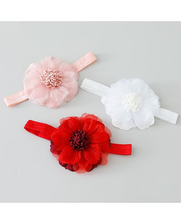 Babyhug Free Size Headbands With Floral Applique Pack of 3 - Pink White & Red