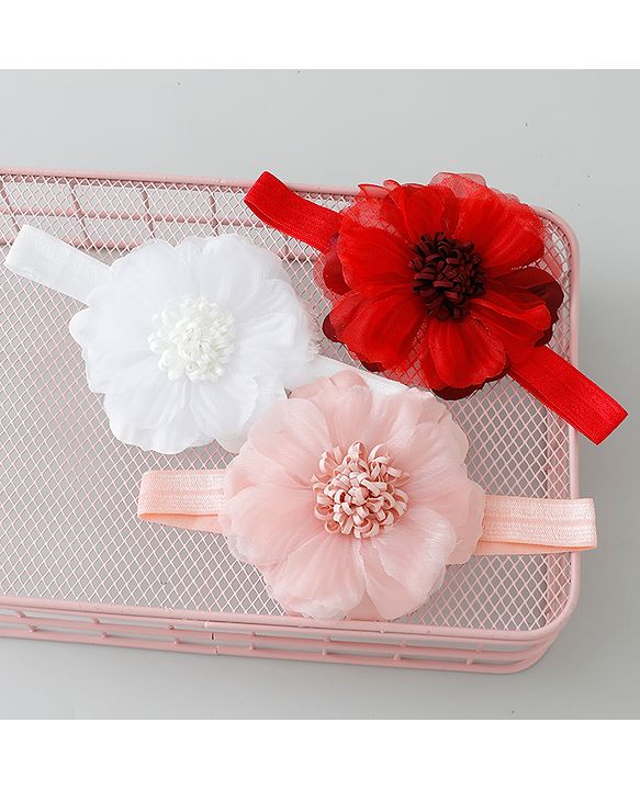 Babyhug Free Size Headbands With Floral Applique Pack of 3 - Pink White & Red