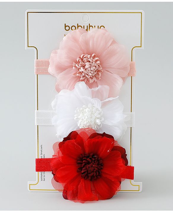 Babyhug Free Size Headbands With Floral Applique Pack of 3 - Pink White & Red
