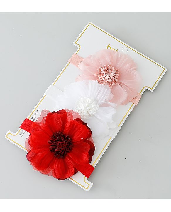 Babyhug Free Size Headbands With Floral Applique Pack of 3 - Pink White & Red