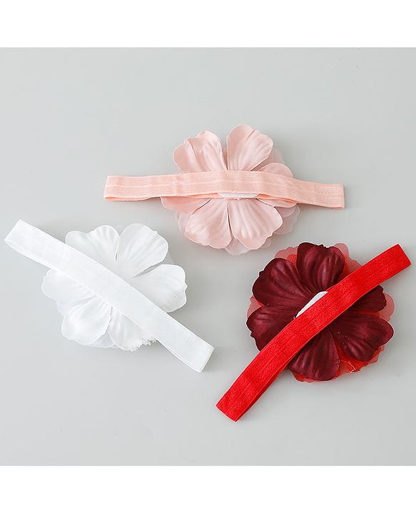 Babyhug Free Size Headbands With Floral Applique Pack of 3 - Pink White & Red