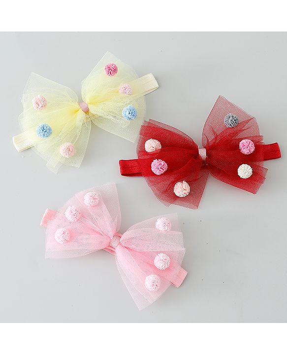 Babyhug Bow Applique Headbands Pack of 3 - Pink Yellow & Red