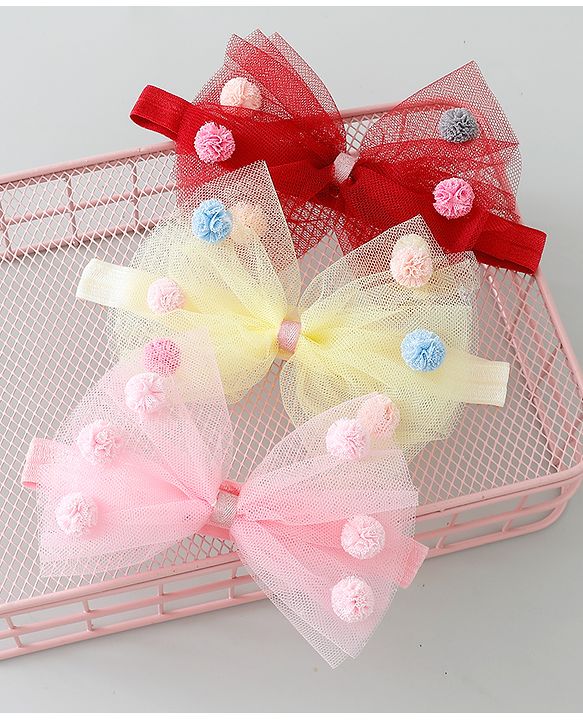 Babyhug Bow Applique Headbands Pack of 3 - Pink Yellow & Red