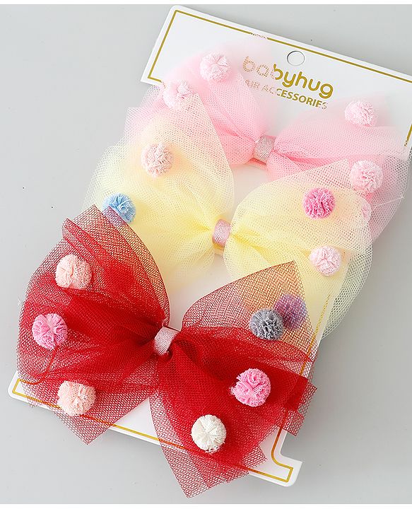 Babyhug Bow Applique Headbands Pack of 3 - Pink Yellow & Red