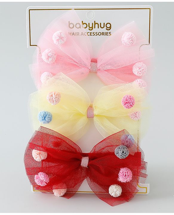 Babyhug Bow Applique Headbands Pack of 3 - Pink Yellow & Red