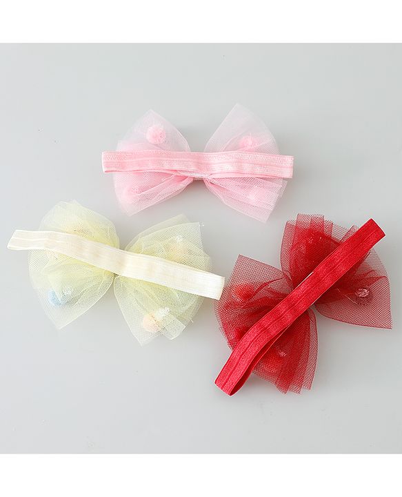 Babyhug Bow Applique Headbands Pack of 3 - Pink Yellow & Red