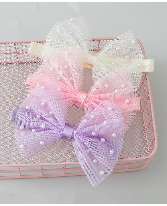 Babyhug Free Size Headbands With Pearls & Bow Applique Pack of 3 - Pink White & Purple