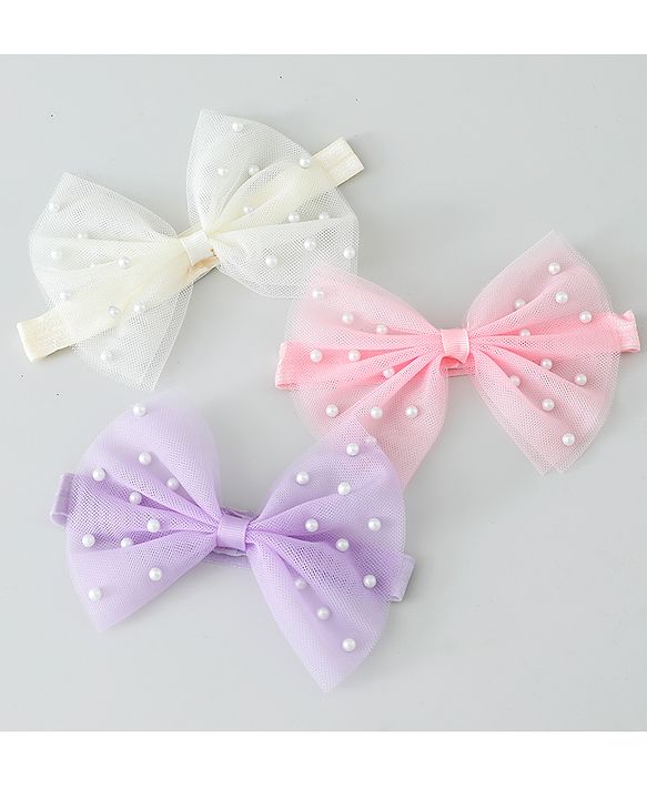 Babyhug Free Size Headbands With Pearls & Bow Applique Pack of 3 - Pink White & Purple