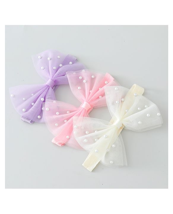 Babyhug Free Size Headbands With Pearls & Bow Applique Pack of 3 - Pink White & Purple