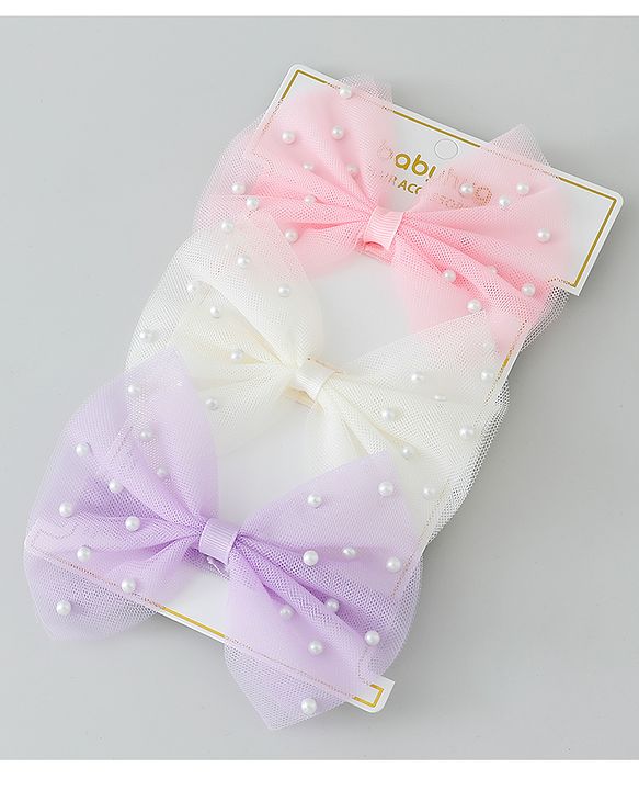 Babyhug Free Size Headbands With Pearls & Bow Applique Pack of 3 - Pink White & Purple