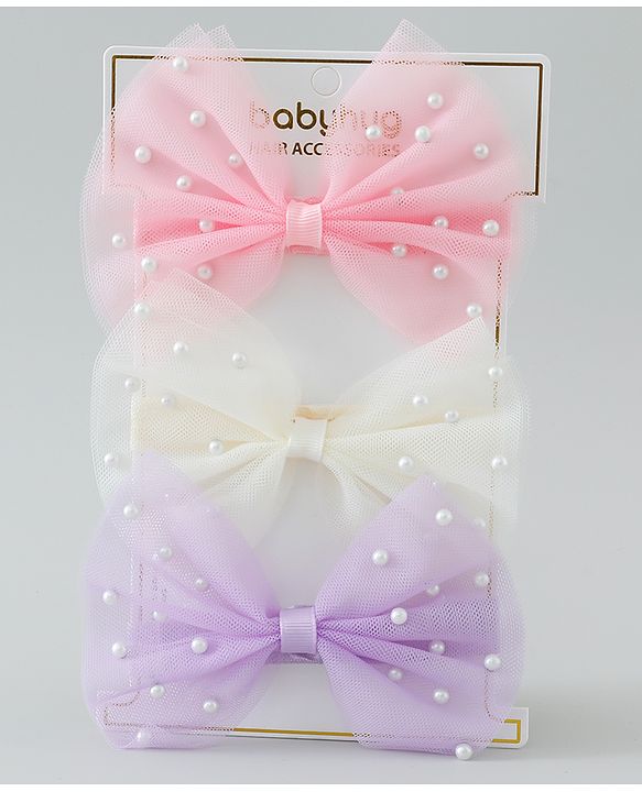 Babyhug Free Size Headbands With Pearls & Bow Applique Pack of 3 - Pink White & Purple