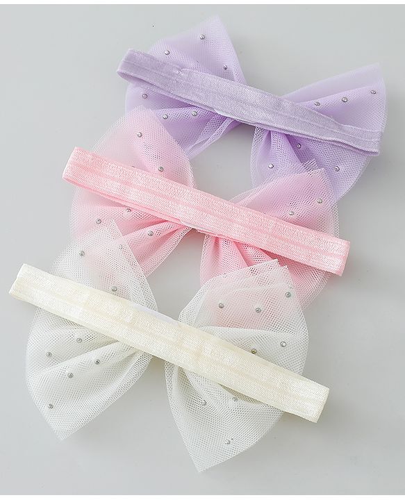 Babyhug Free Size Headbands With Pearls & Bow Applique Pack of 3 - Pink White & Purple