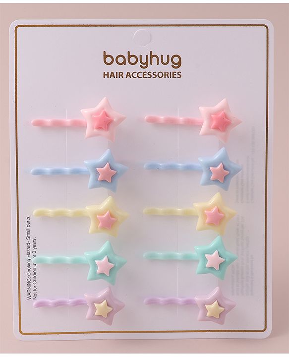 Babyhug Free Size Hair Pins with Star Applique Pack of 10 - Multicolor