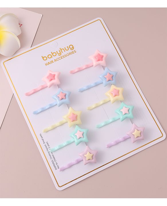 Babyhug Free Size Hair Pins with Star Applique Pack of 10 - Multicolor