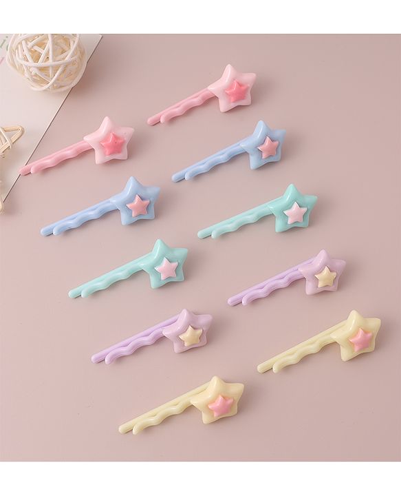 Babyhug Free Size Hair Pins with Star Applique Pack of 10 - Multicolor