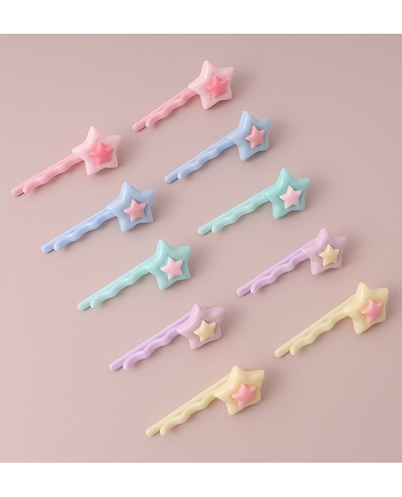Babyhug Free Size Hair Pins with Star Applique Pack of 10 - Multicolor