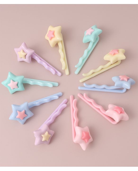 Babyhug Free Size Hair Pins with Star Applique Pack of 10 - Multicolor