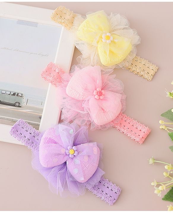 Babyhug Free Size Headbands With Bow Applique Pack of 3 - Pink Purple & Yellow