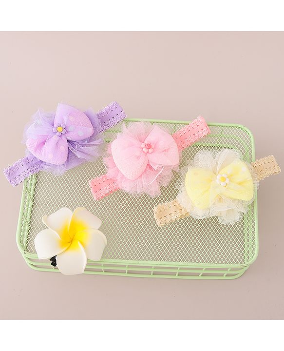 Babyhug Free Size Headbands With Bow Applique Pack of 3 - Pink Purple & Yellow