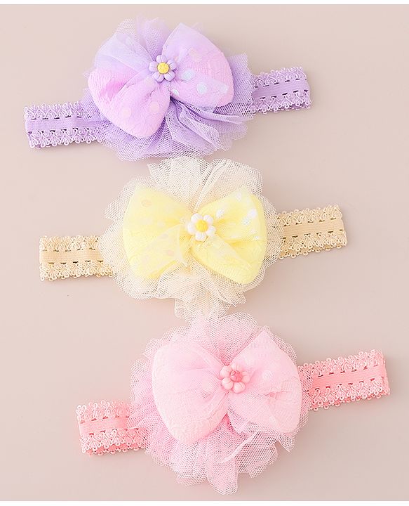 Babyhug Free Size Headbands With Bow Applique Pack of 3 - Pink Purple & Yellow