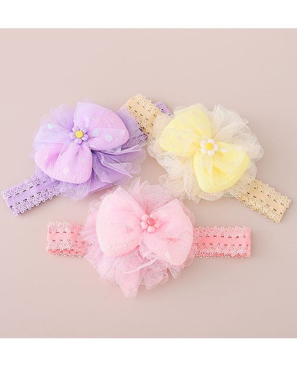 Babyhug Free Size Headbands With Bow Applique Pack of 3 - Pink Purple & Yellow