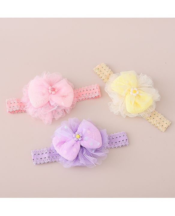Babyhug Free Size Headbands With Bow Applique Pack of 3 - Pink Purple & Yellow