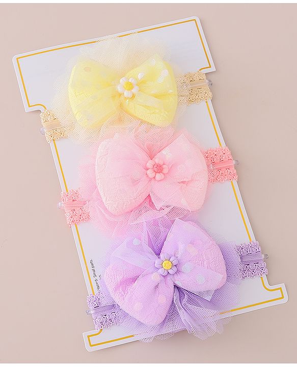 Babyhug Free Size Headbands With Bow Applique Pack of 3 - Pink Purple & Yellow