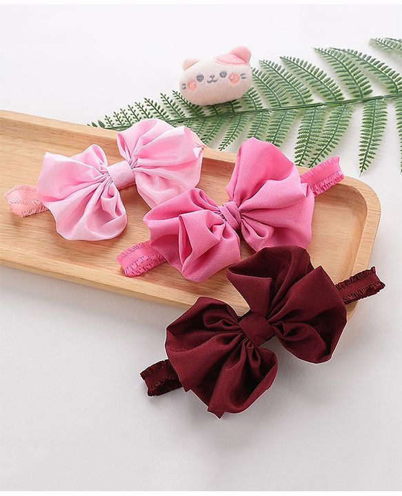 Babyhug Free Size Headbands With Bow Applique Pack of 3 - Pink & Maroon