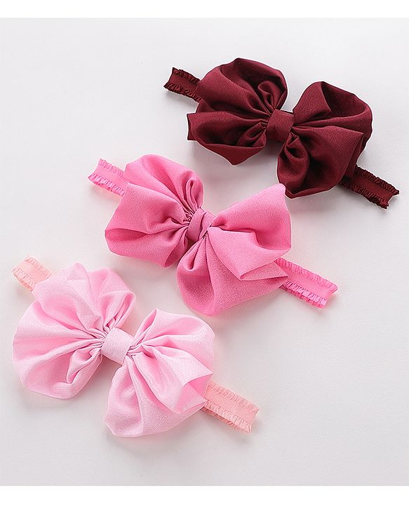 Babyhug Free Size Headbands With Bow Applique Pack of 3 - Pink & Maroon